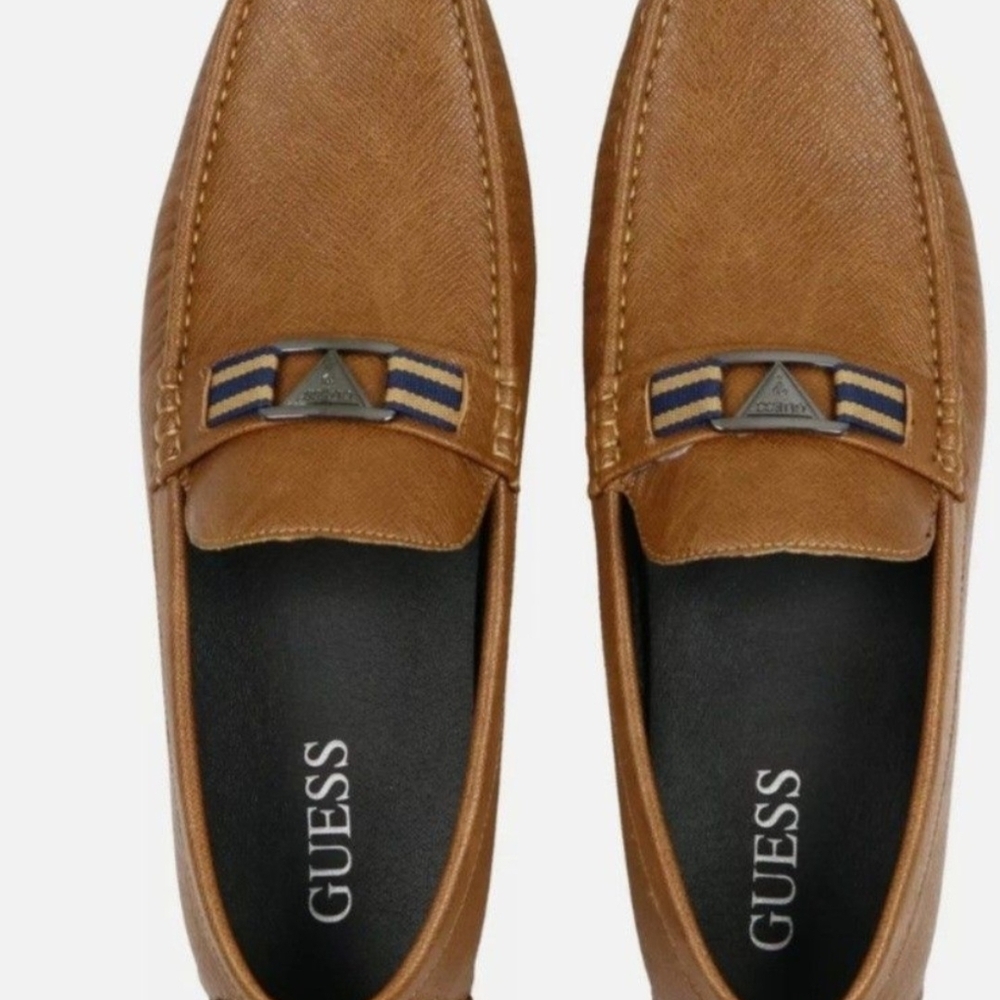 GUESS Tan Leather Loafers with Stripe Detail. GUESS Art Drivers Loafer Shoes  Br